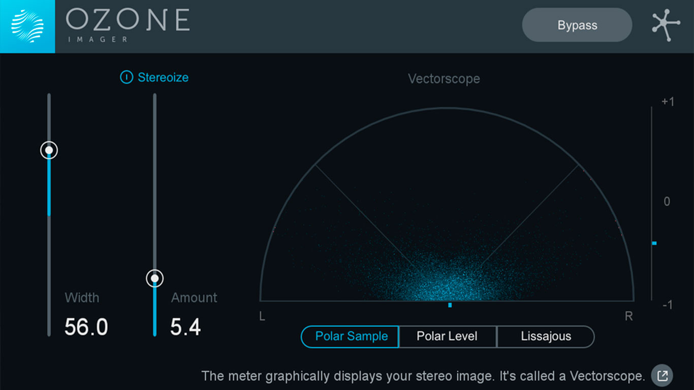 Ozone Imager – плагин анализа стереополя и вектороскопа. Регулировка ширины стерео, отображение векторного изображения звука.